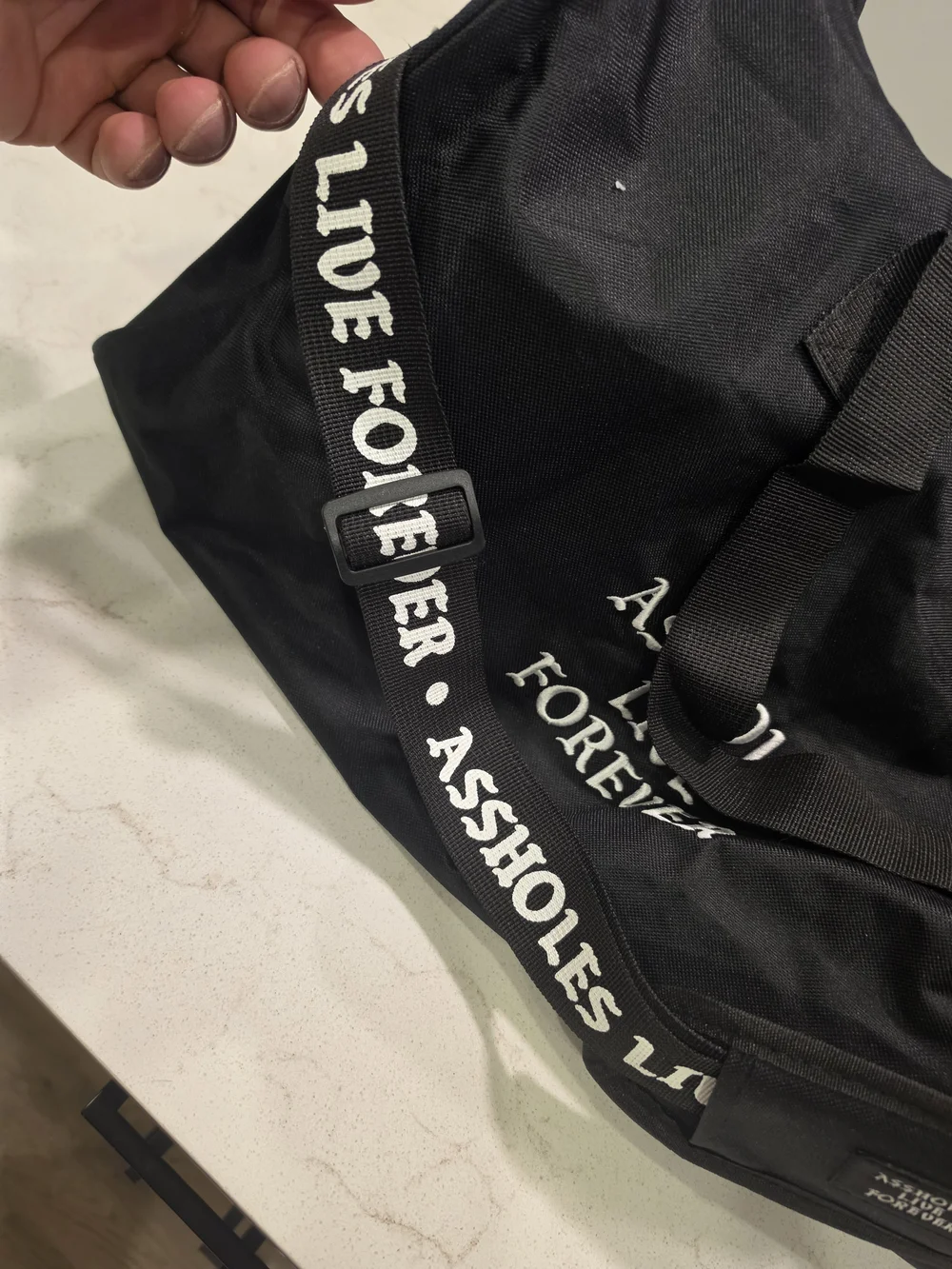 Men's Black Duffel Bag with 'Emotional Baggage' Graphic